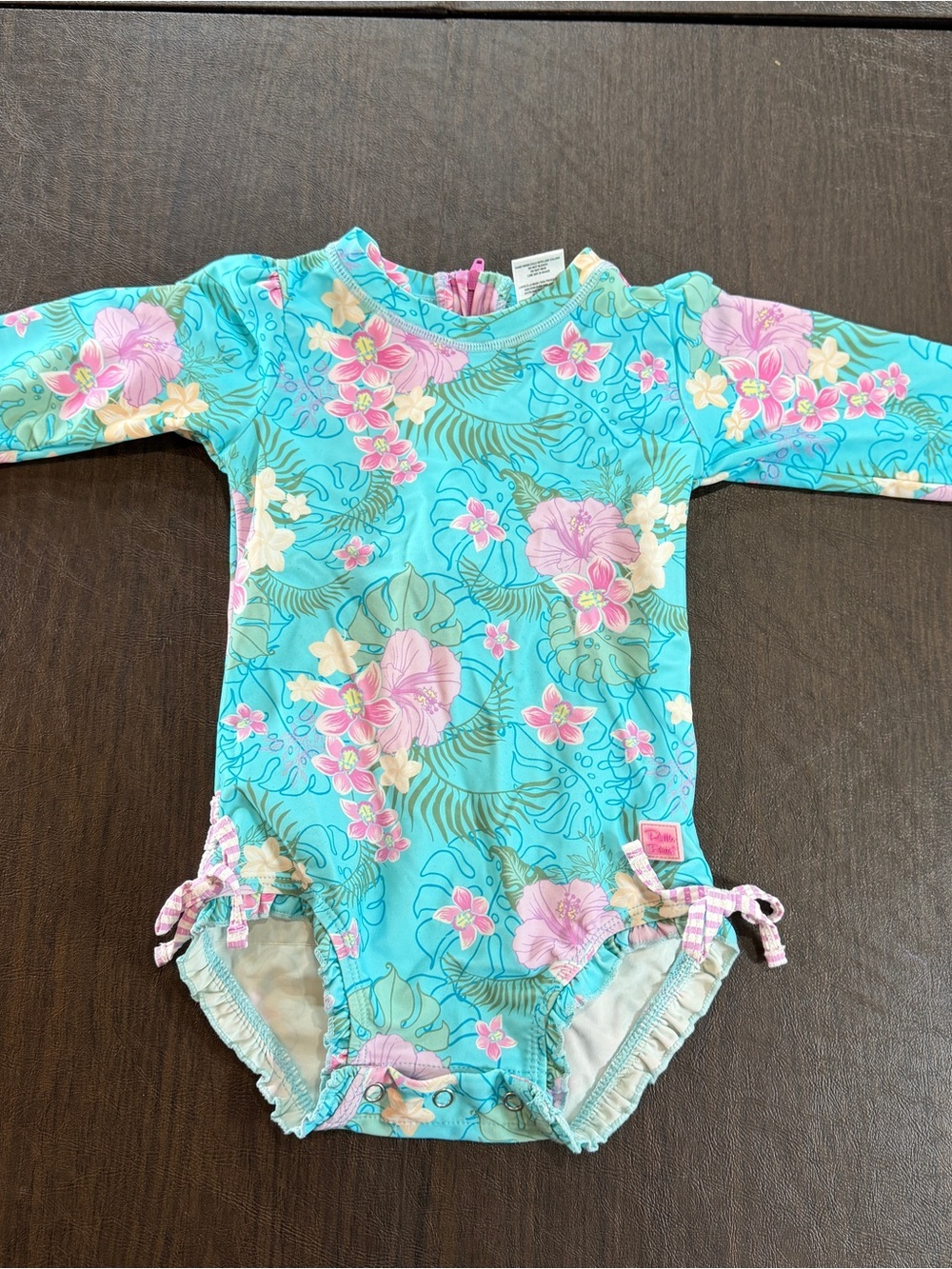 Ruffle Butts Floral Turquoise Long-Sleeve Baby Swimsuit Sz 18-24